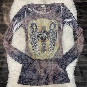 VOCAL GRAY BROWN CROSS ANGEL WINGS RHINESTONE LONG SLEEVE Y2K GRUNGE AFFLICTION